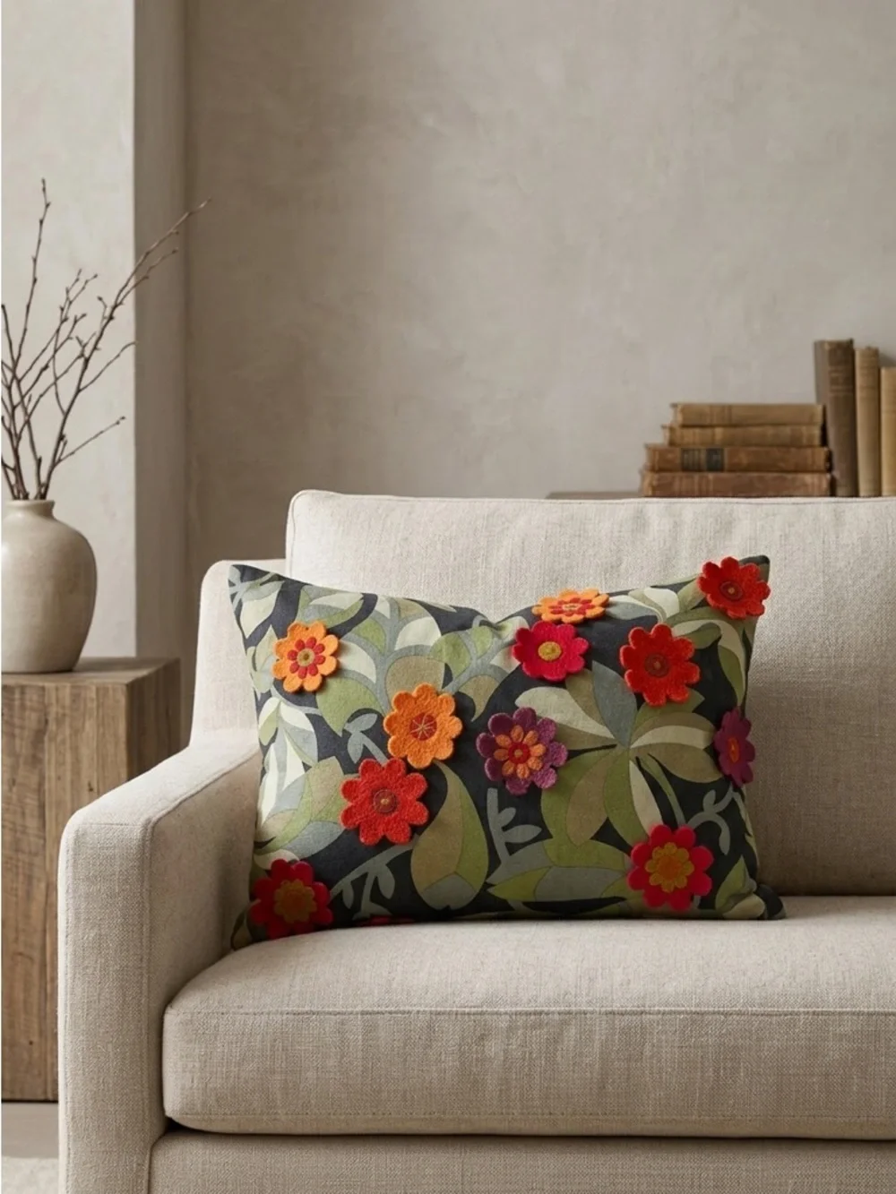 Crate & Barrel Mariza 3D Floral Applique Throw Pillow Feather Down Insert 12x18